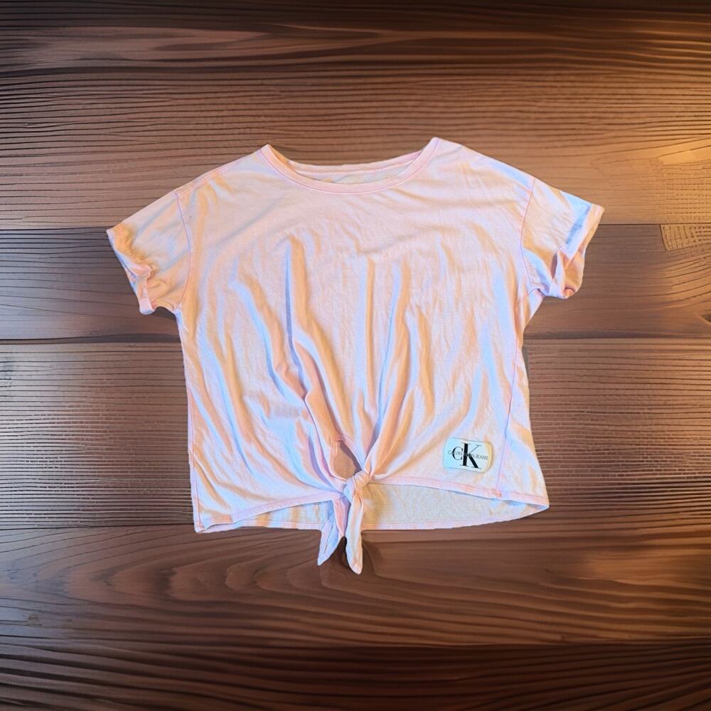 Calvin Klein Jeans Pink Tie Front Crop Tee Logo Patch Y2K Preppy Women Size L